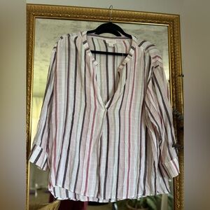 LOFT White and Pink 3/4 Sleeve Boxy Button Down Shirt